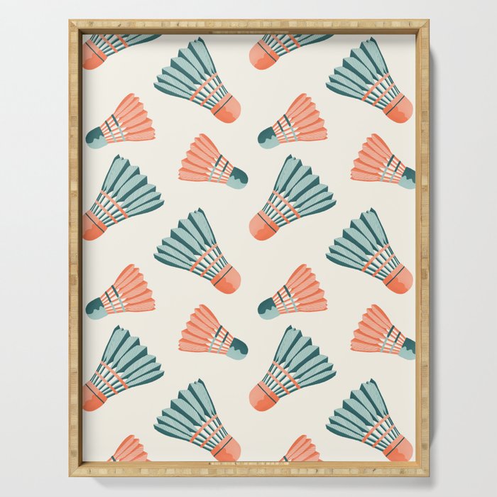 Orange and teal vintage badminton shuttlecocks Serving Tray Gallery Image 1