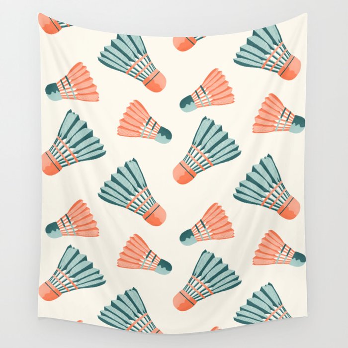 Orange and teal vintage badminton shuttlecocks Wall Tapestry Gallery Image 4