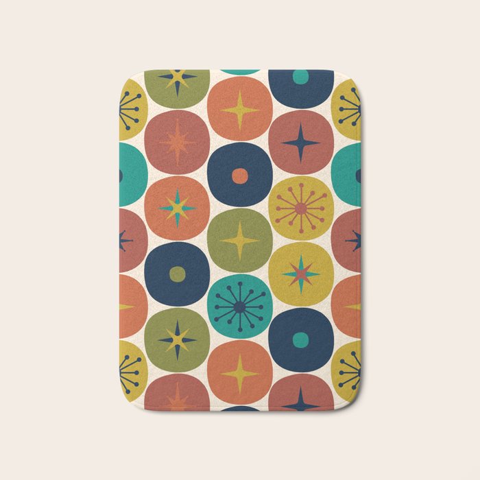 Mid Century Modern Retro Atomic Future Pattern in Mid Mod Colors on Cream Bath Mat Gallery Image 1