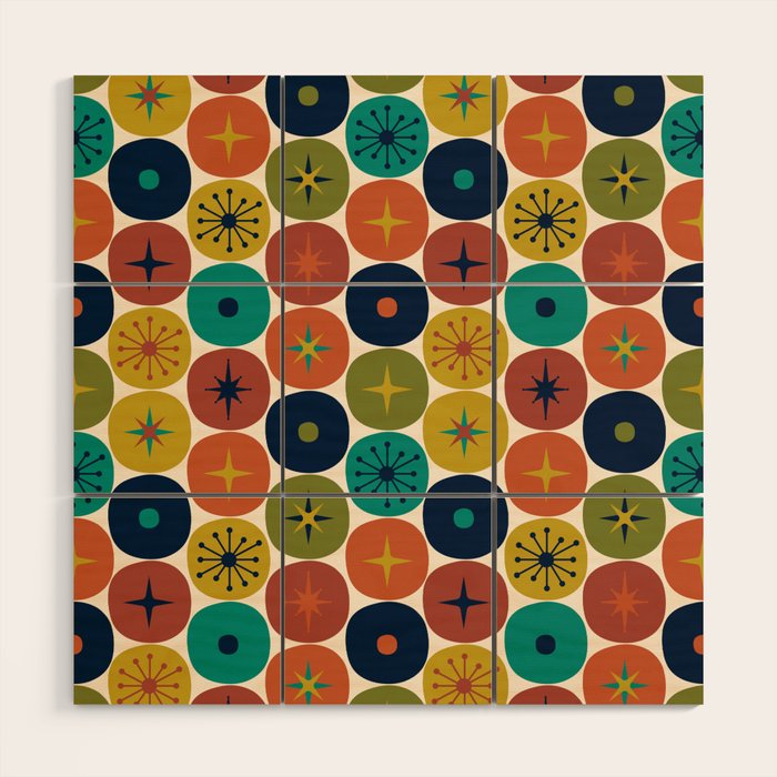 Mid Century Modern Retro Atomic Future Pattern in Mid Mod Colors on Cream Wood Wall Art Gallery Image 1