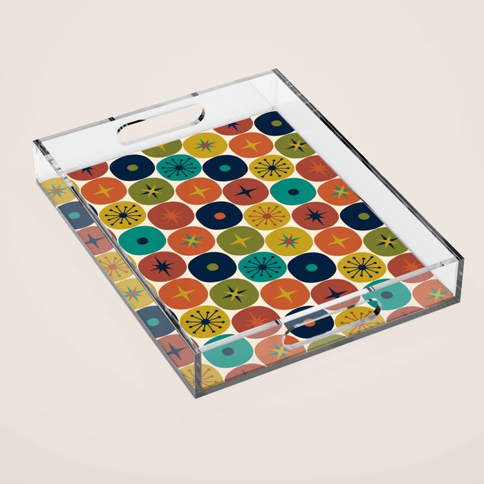 Mid Century Modern Retro Atomic Future Pattern in Mid Mod Colors on Cream Acrylic Tray Gallery Image 1