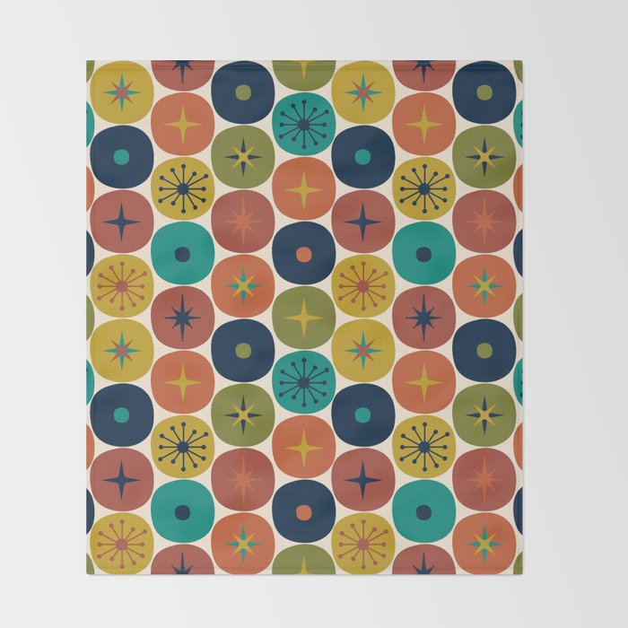 Mid Century Modern Retro Atomic Future Pattern in Mid Mod Colors on Cream Throw Blanket Gallery Image 2