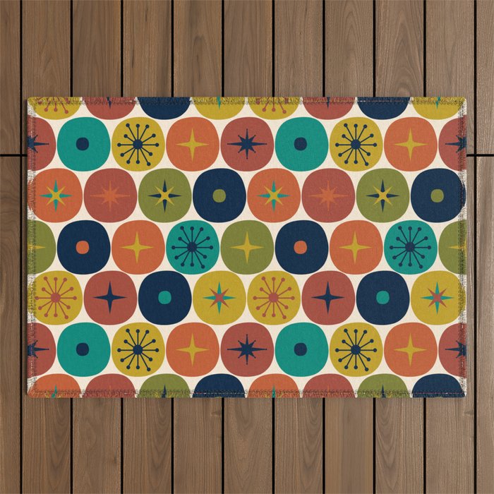 Mid Century Modern Retro Atomic Future Pattern in Mid Mod Colors on Cream Outdoor Rug Gallery Image 1