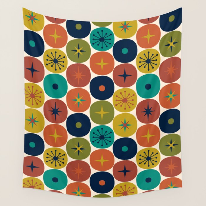 Mid Century Modern Retro Atomic Future Pattern in Mid Mod Colors on Cream Wall Tapestry Gallery Image 4
