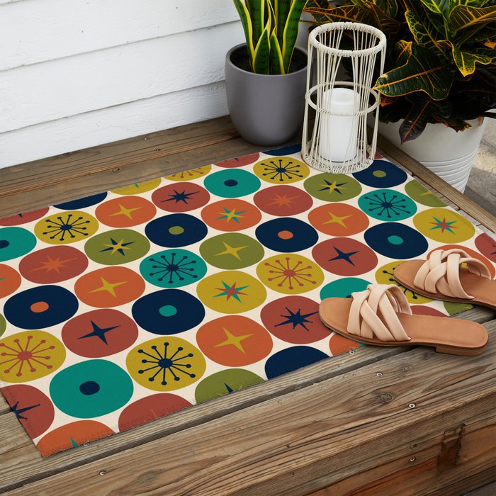 Mid Century Modern Retro Atomic Future Pattern in Mid Mod Colors on Cream Outdoor Rug Gallery Image 2