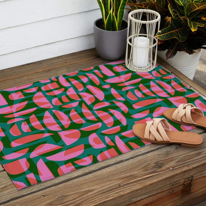 Simple Hand-cut Pattern #5 / Pink & Green Outdoor Rug Gallery Image 2