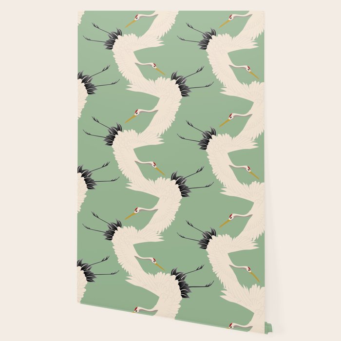 Japanese Cranes on Sage Green Background Wallpaper Gallery Image 2