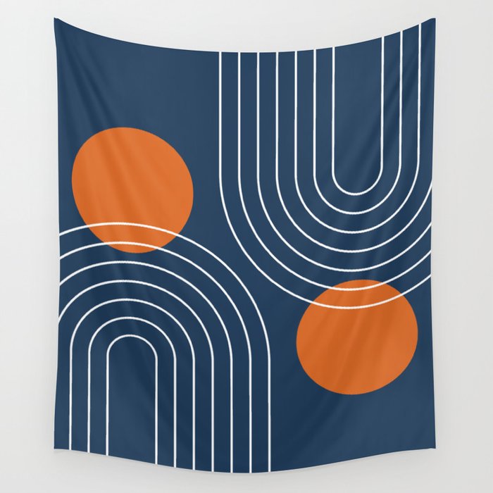 Mid Century Modern Geometric 83 in Navy Blue and Orange (Rainbow and Sun Abstraction) Wall Tapestry Gallery Image 4