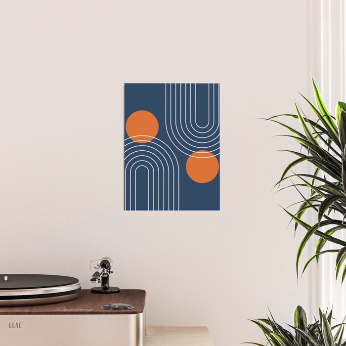 Mid Century Modern Geometric 83 in Navy Blue and Orange (Rainbow and Sun Abstraction) Poster Gallery Image 2