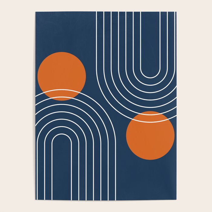 Mid Century Modern Geometric 83 in Navy Blue and Orange (Rainbow and Sun Abstraction) Poster Gallery Image 4