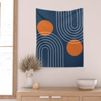 Mid Century Modern Geometric 83 in Navy Blue and Orange (Rainbow and Sun Abstraction) Wall Tapestry Gallery Image 2