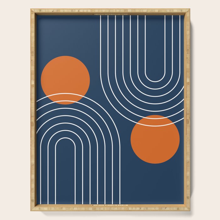 Mid Century Modern Geometric 83 in Navy Blue and Orange (Rainbow and Sun Abstraction) Serving Tray Gallery Image 1