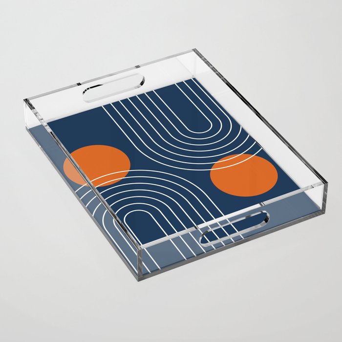 Mid Century Modern Geometric 83 in Navy Blue and Orange (Rainbow and Sun Abstraction) Acrylic Tray Gallery Image 1
