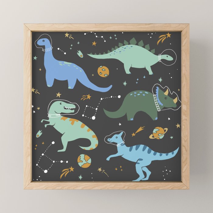 Dinosaurs in Space in Blue Mini Art Print Gallery Image 1
