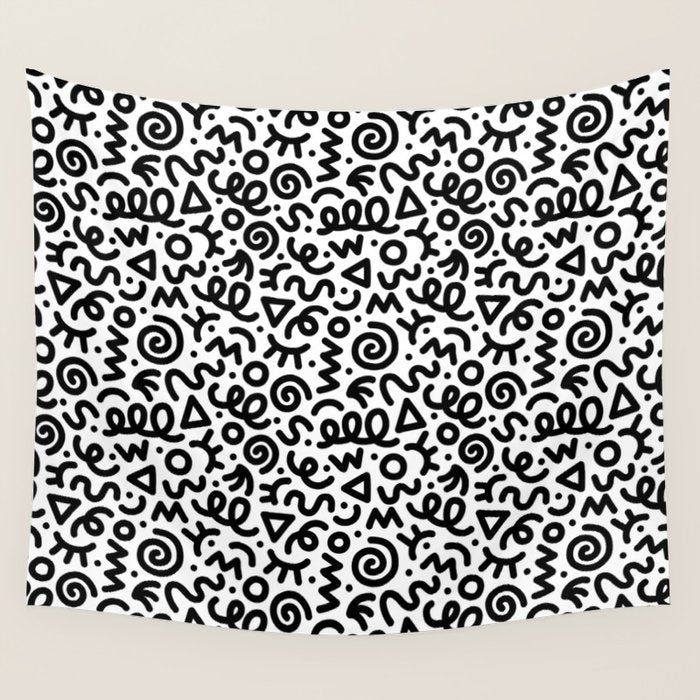 Fun black and white doodle art pattern Wall Tapestry Gallery Image 4