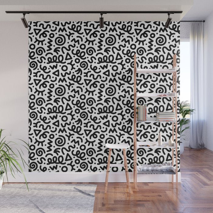 Fun black and white doodle art pattern Wall Mural Gallery Image 1