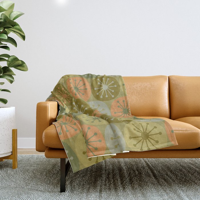 Mid Century Modern Atomic Retro Dots Pattern in Vintage Olive Green and Cantaloupe Orange Throw Blanket Gallery Image 1