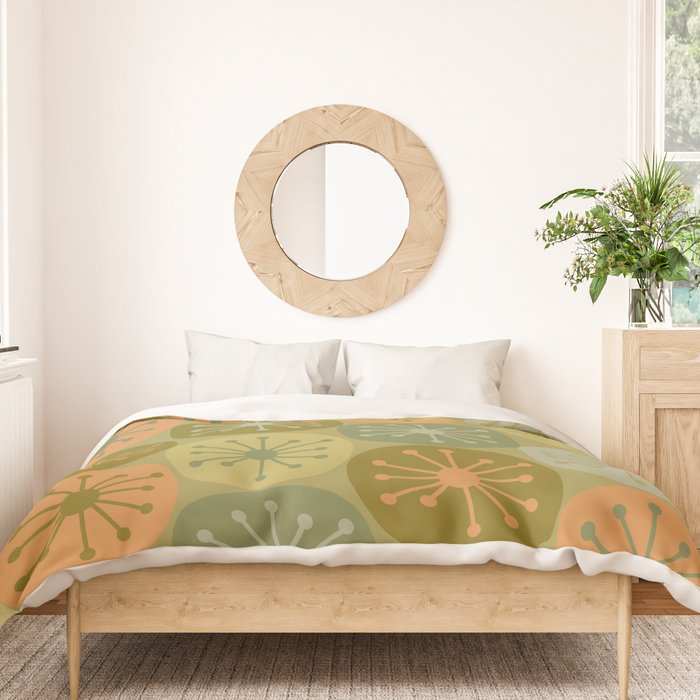 Mid Century Modern Atomic Retro Dots Pattern in Vintage Olive Green and Cantaloupe Orange Duvet Cover Gallery Image 3