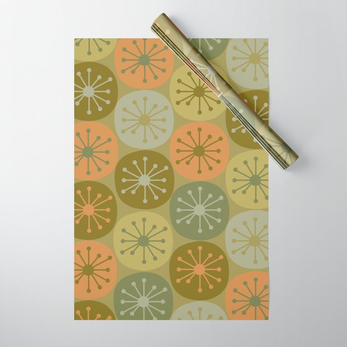 Mid Century Modern Atomic Retro Dots Pattern in Vintage Olive Green and Cantaloupe Orange Wrapping Paper Gallery Image 1