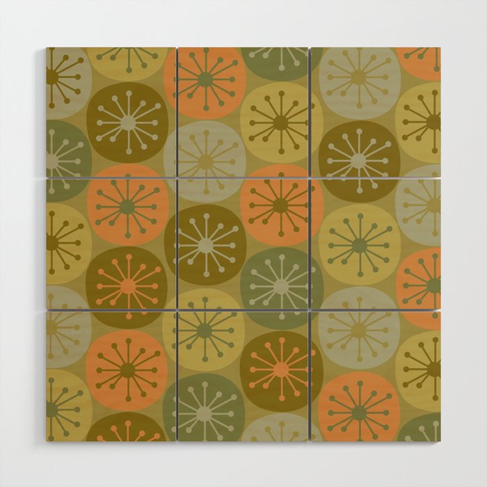 Mid Century Modern Atomic Retro Dots Pattern in Vintage Olive Green and Cantaloupe Orange Wood Wall Art Gallery Image 1