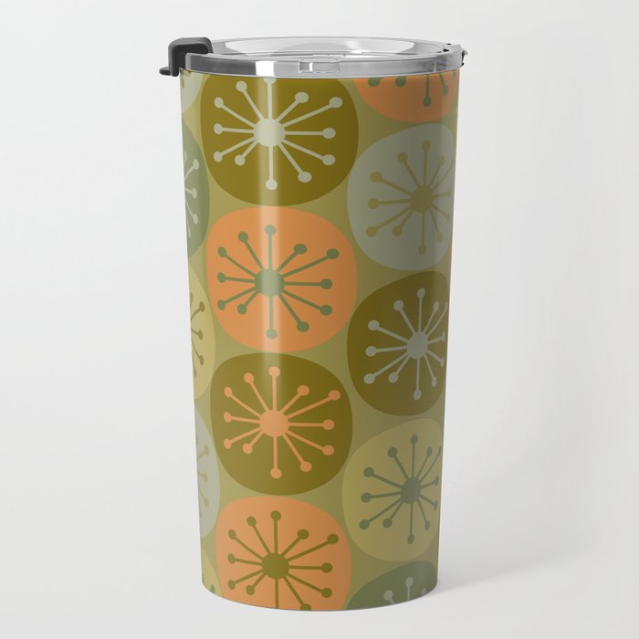 Mid Century Modern Atomic Retro Dots Pattern in Vintage Olive Green and Cantaloupe Orange Travel Mug Gallery Image 3