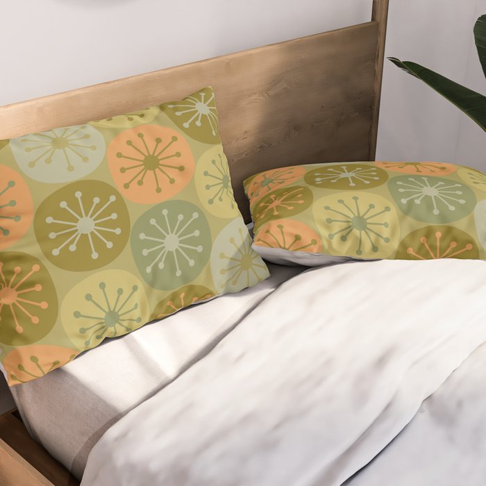 Mid Century Modern Atomic Retro Dots Pattern in Vintage Olive Green and Cantaloupe Orange Pillow Sham Gallery Image 2