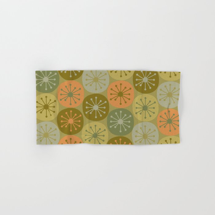 Mid Century Modern Atomic Retro Dots Pattern in Vintage Olive Green and Cantaloupe Orange Bath Towel Gallery Image 1