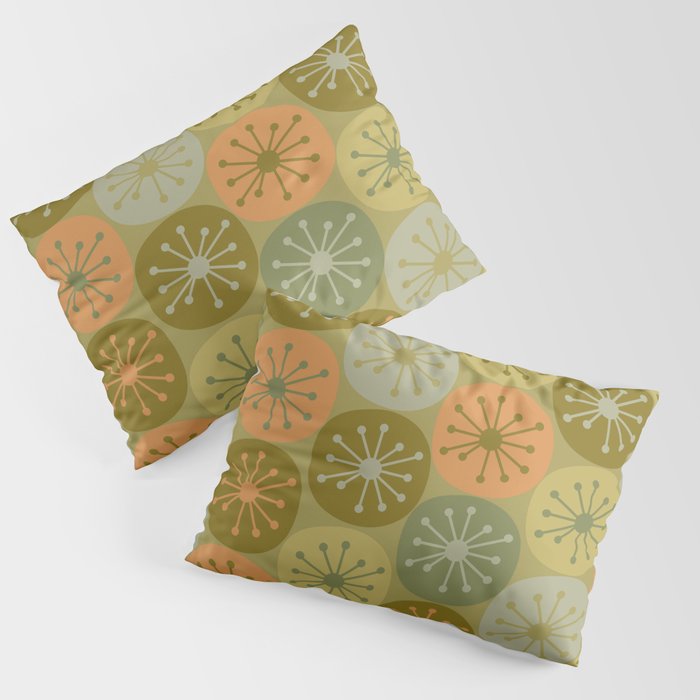 Mid Century Modern Atomic Retro Dots Pattern in Vintage Olive Green and Cantaloupe Orange Pillow Sham Gallery Image 1