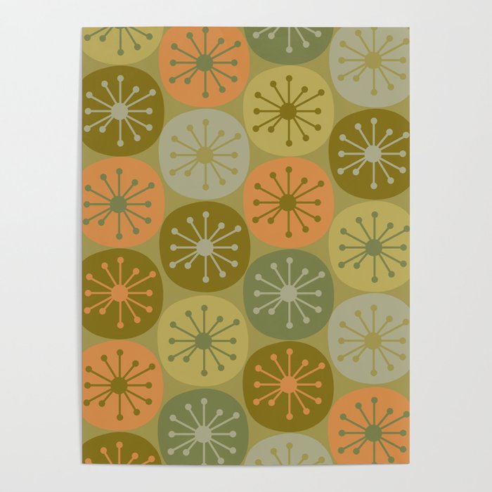 Mid Century Modern Atomic Retro Dots Pattern in Vintage Olive Green and Cantaloupe Orange Poster Gallery Image 4