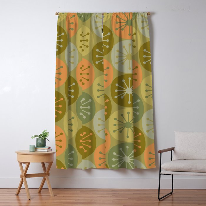 Mid Century Modern Atomic Retro Dots Pattern in Vintage Olive Green and Cantaloupe Orange Window Curtain Gallery Image 5