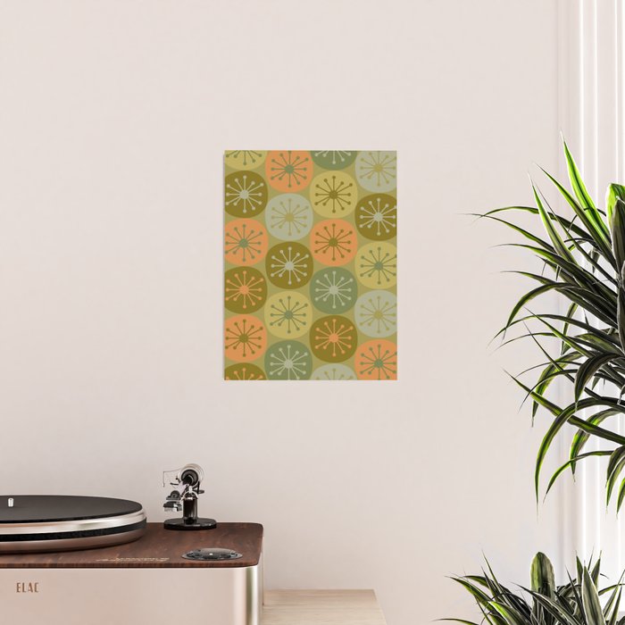 Mid Century Modern Atomic Retro Dots Pattern in Vintage Olive Green and Cantaloupe Orange Poster Gallery Image 2