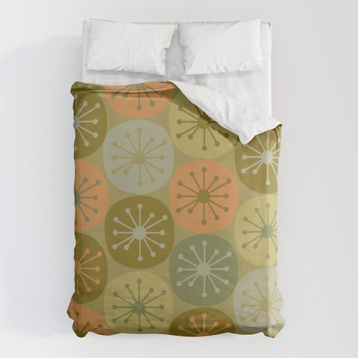Mid Century Modern Atomic Retro Dots Pattern in Vintage Olive Green and Cantaloupe Orange Duvet Cover Gallery Image 1