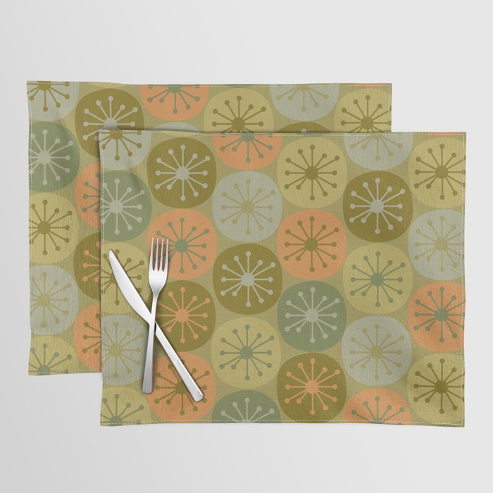 Mid Century Modern Atomic Retro Dots Pattern in Vintage Olive Green and Cantaloupe Orange Placemat Gallery Image 1