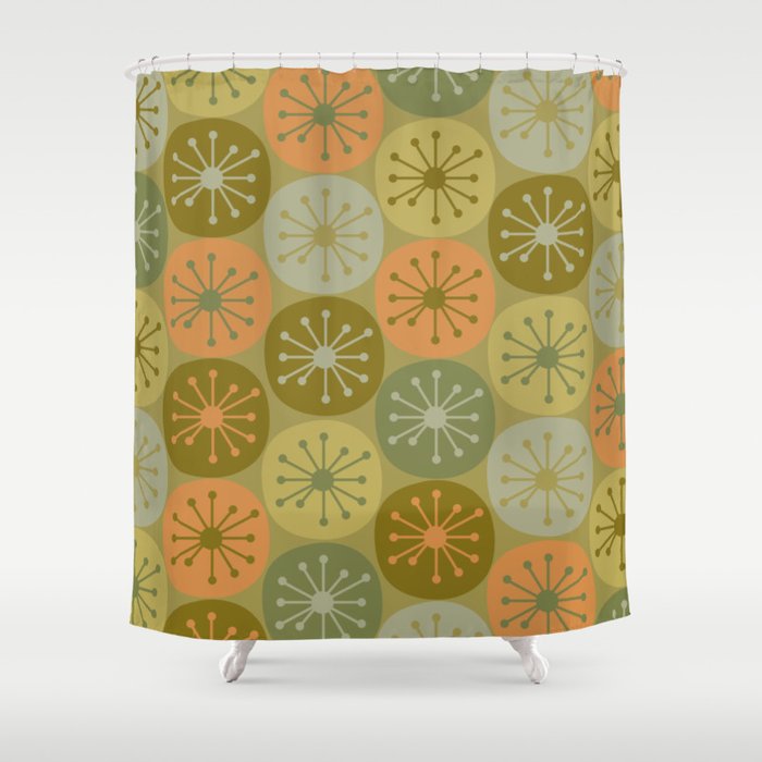 Mid Century Modern Atomic Retro Dots Pattern in Vintage Olive Green and Cantaloupe Orange Shower Curtain Gallery Image 1