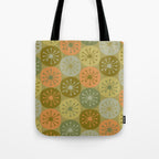Mid Century Modern Atomic Retro Dots Pattern in Vintage Olive Green and Cantaloupe Orange Tote Bag Gallery Image 1