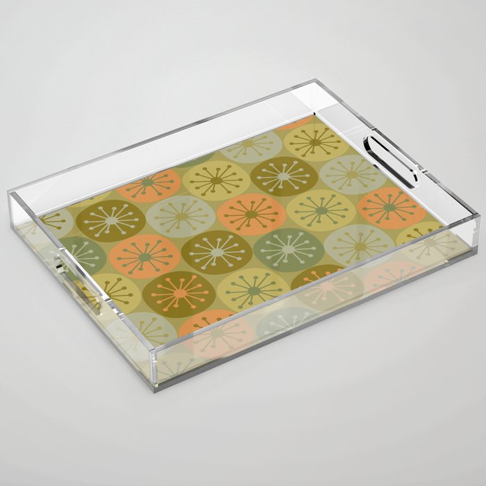 Mid Century Modern Atomic Retro Dots Pattern in Vintage Olive Green and Cantaloupe Orange Acrylic Tray Gallery Image 1