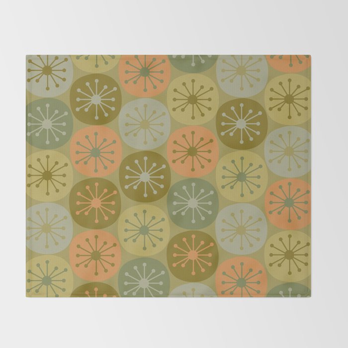 Mid Century Modern Atomic Retro Dots Pattern in Vintage Olive Green and Cantaloupe Orange Throw Blanket Gallery Image 2