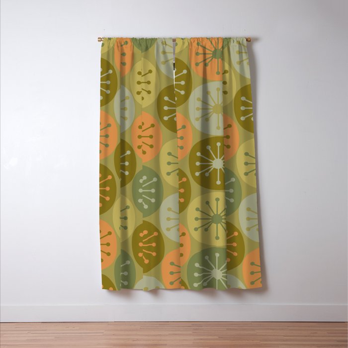 Mid Century Modern Atomic Retro Dots Pattern in Vintage Olive Green and Cantaloupe Orange Window Curtain Gallery Image 3