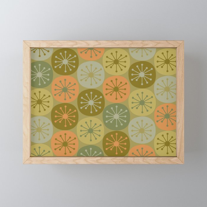 Mid Century Modern Atomic Retro Dots Pattern in Vintage Olive Green and Cantaloupe Orange Mini Art Print Gallery Image 1
