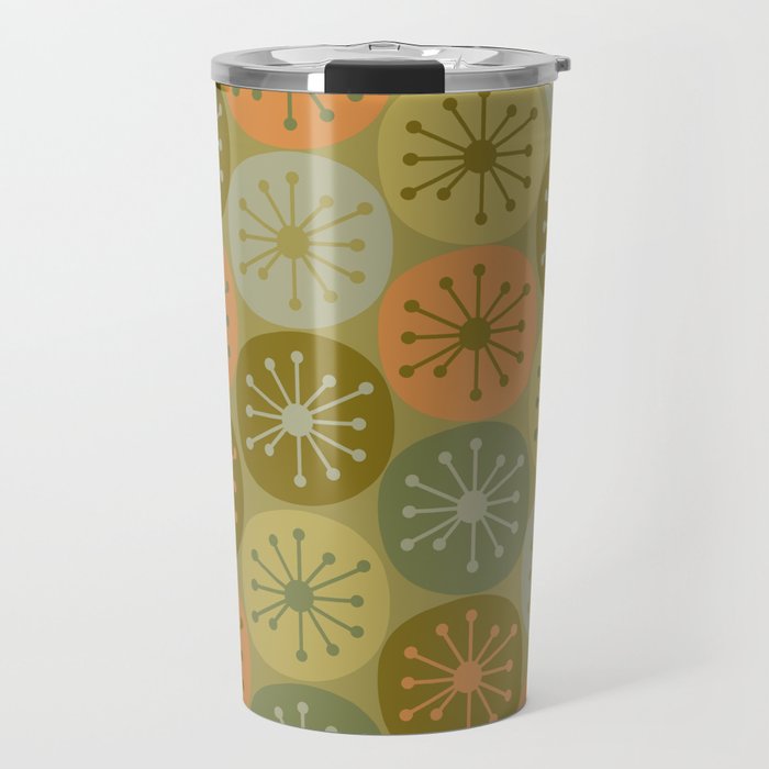 Mid Century Modern Atomic Retro Dots Pattern in Vintage Olive Green and Cantaloupe Orange Travel Mug Gallery Image 1