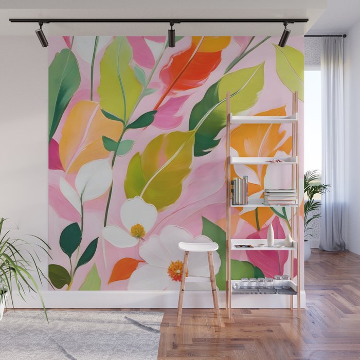 Pastelchio, Pastel Floral Botanical Spring, Flowers Blush Blossom Pink Garden Painting, Bohemian Chic Subdued Nature Plants Wall Mural Gallery Image 1