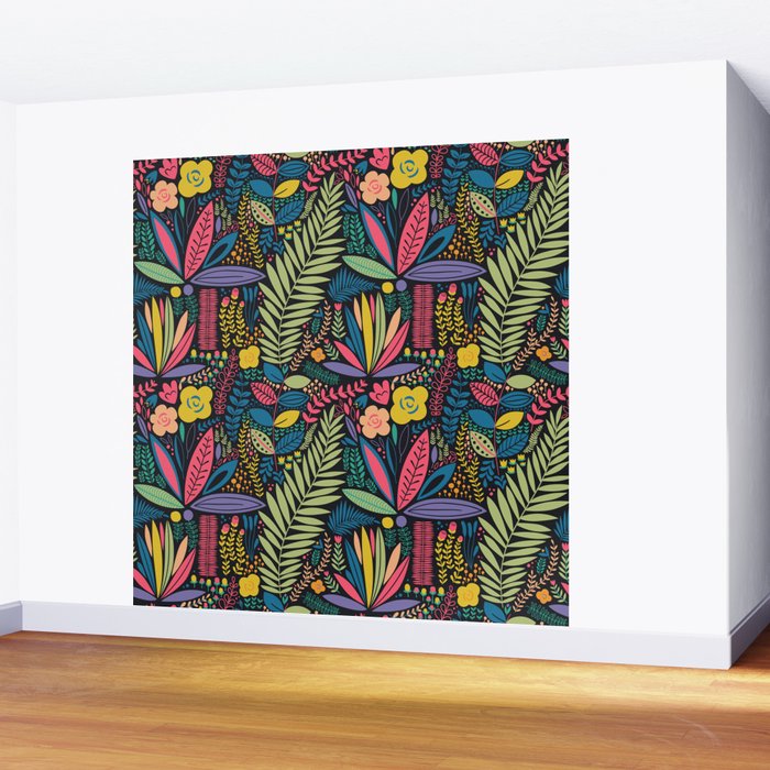 Retro colorful jungle nature plant pattern Wall Mural Gallery Image 2