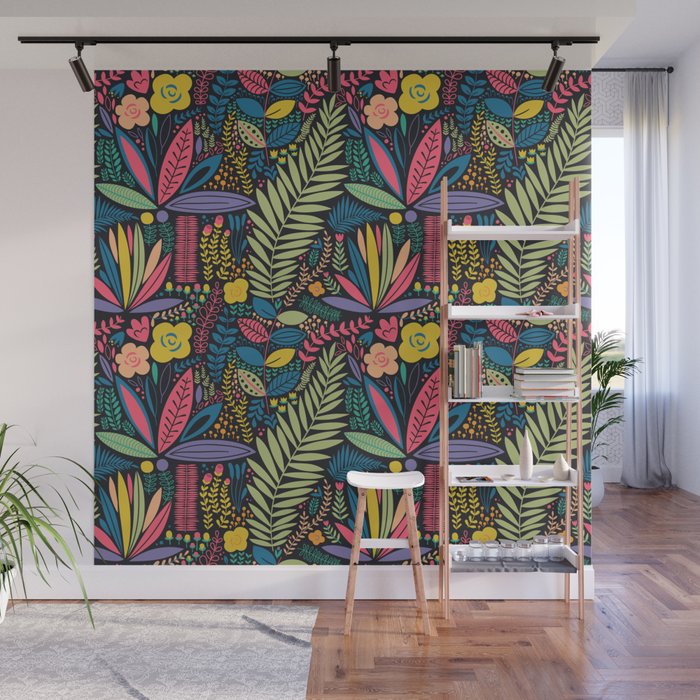 Retro colorful jungle nature plant pattern Wall Mural Gallery Image 1