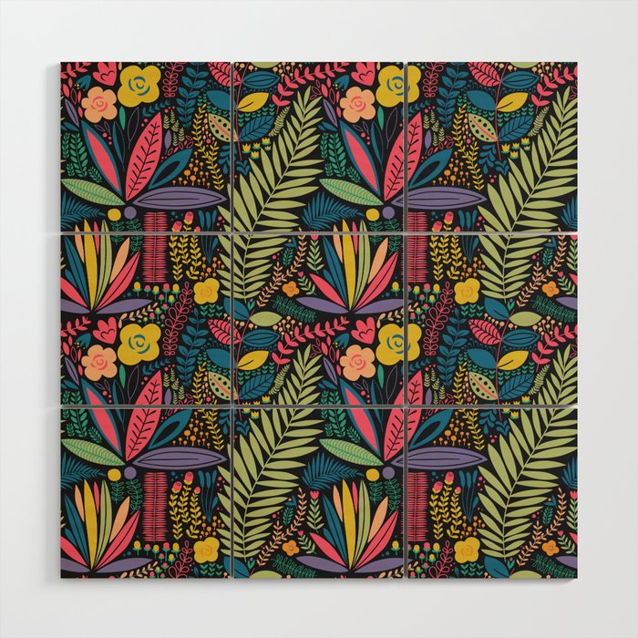 Retro colorful jungle nature plant pattern Wood Wall Art Gallery Image 1