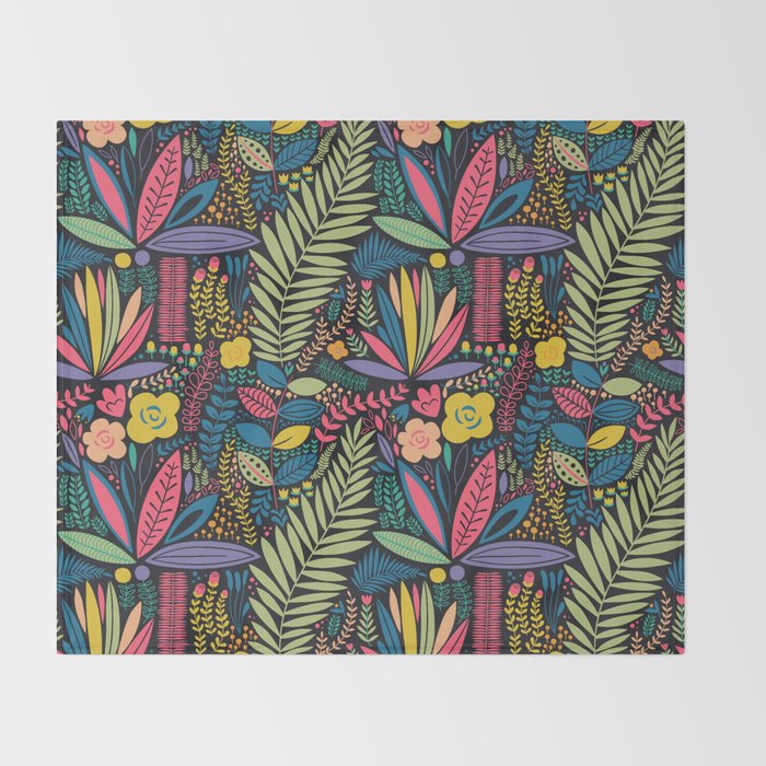 Retro colorful jungle nature plant pattern Throw Blanket Gallery Image 2