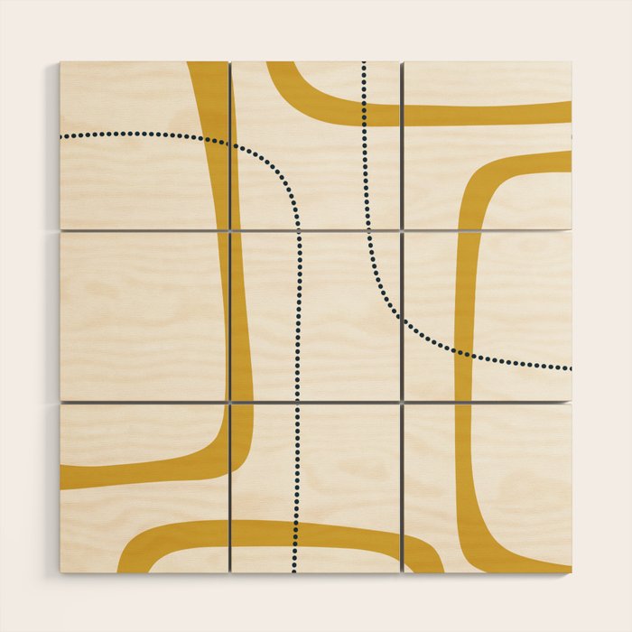 Mustard Rings Midcentury Modern Minimalist Abstract with Navy Blue and White Wood Wall Art Gallery Image 1