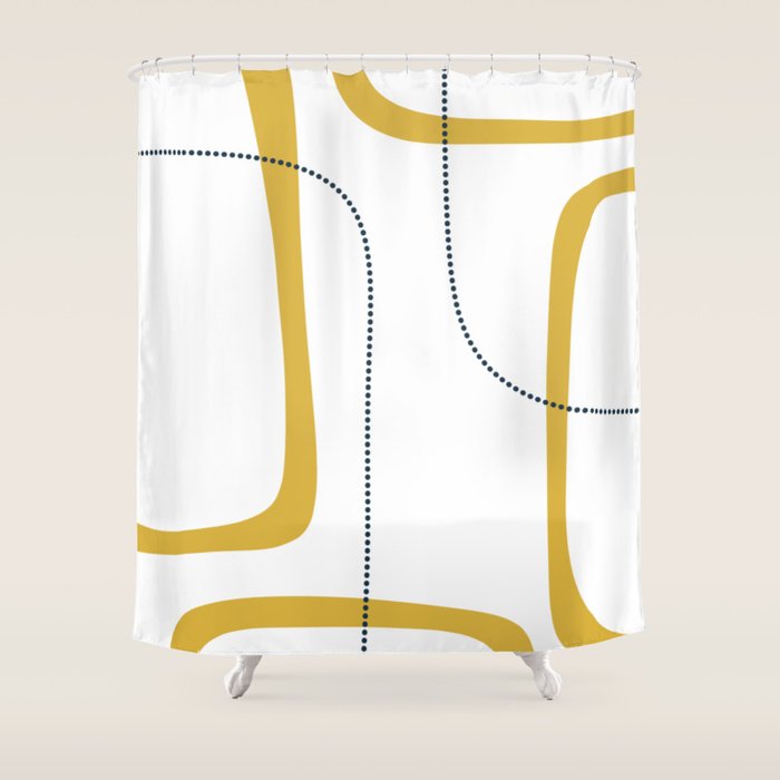 Mustard Rings Midcentury Modern Minimalist Abstract with Navy Blue and White Shower Curtain Gallery Image 1