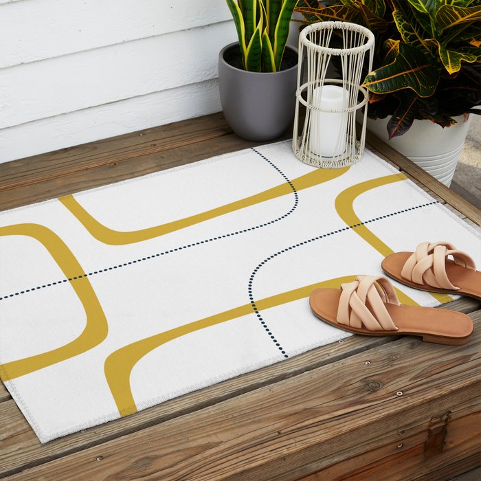 Mustard Rings Midcentury Modern Minimalist Abstract with Navy Blue and White Outdoor Rug Gallery Image 2