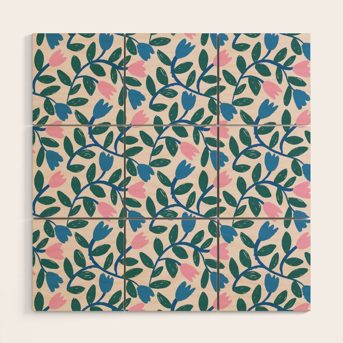 Simple Floral - Blue, Pink and Green Wood Wall Art Gallery Image 1