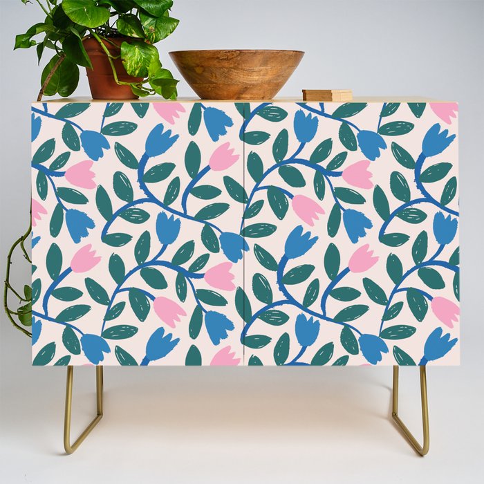 Simple Floral - Blue, Pink and Green Credenza Gallery Image 1